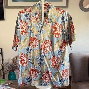 Pataloha Floral Hawaiian Camp Shirt - Blue Background Red & Beige Blooms